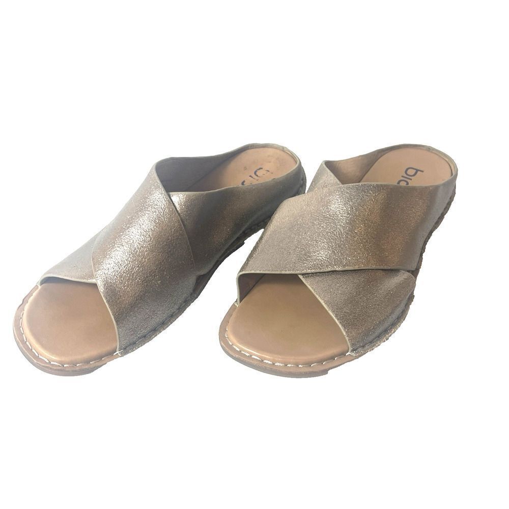 Bionica Womens 9.5M Gold Leather Cross Straps Slide Summer Casual Sandal Slip On